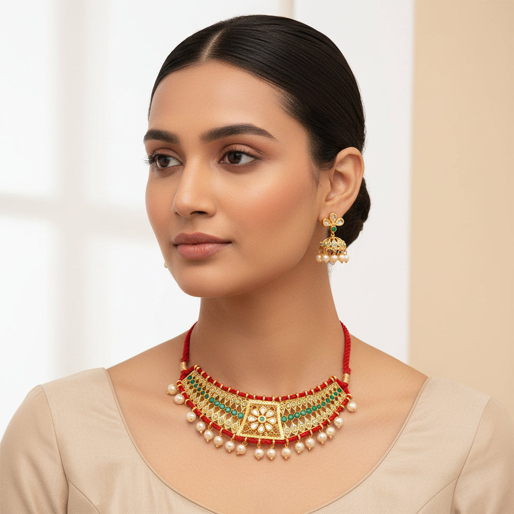 Anira- Stone studded hanging pearls Neckpiece set (Green)