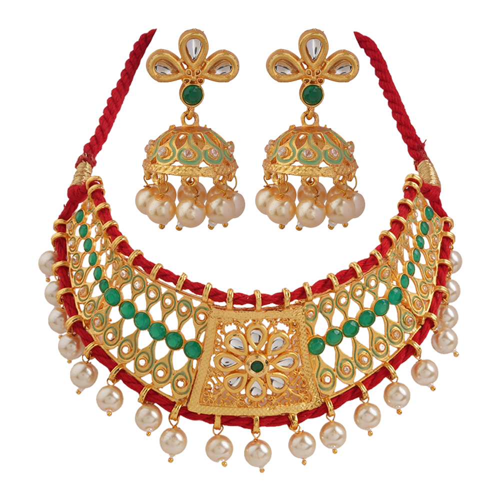 Anira- Stone studded hanging pearls Neckpiece set (Green)