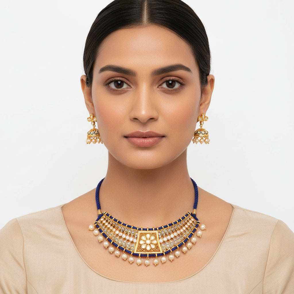 Anira- Stone studded hanging pearls Neckpiece set (White)