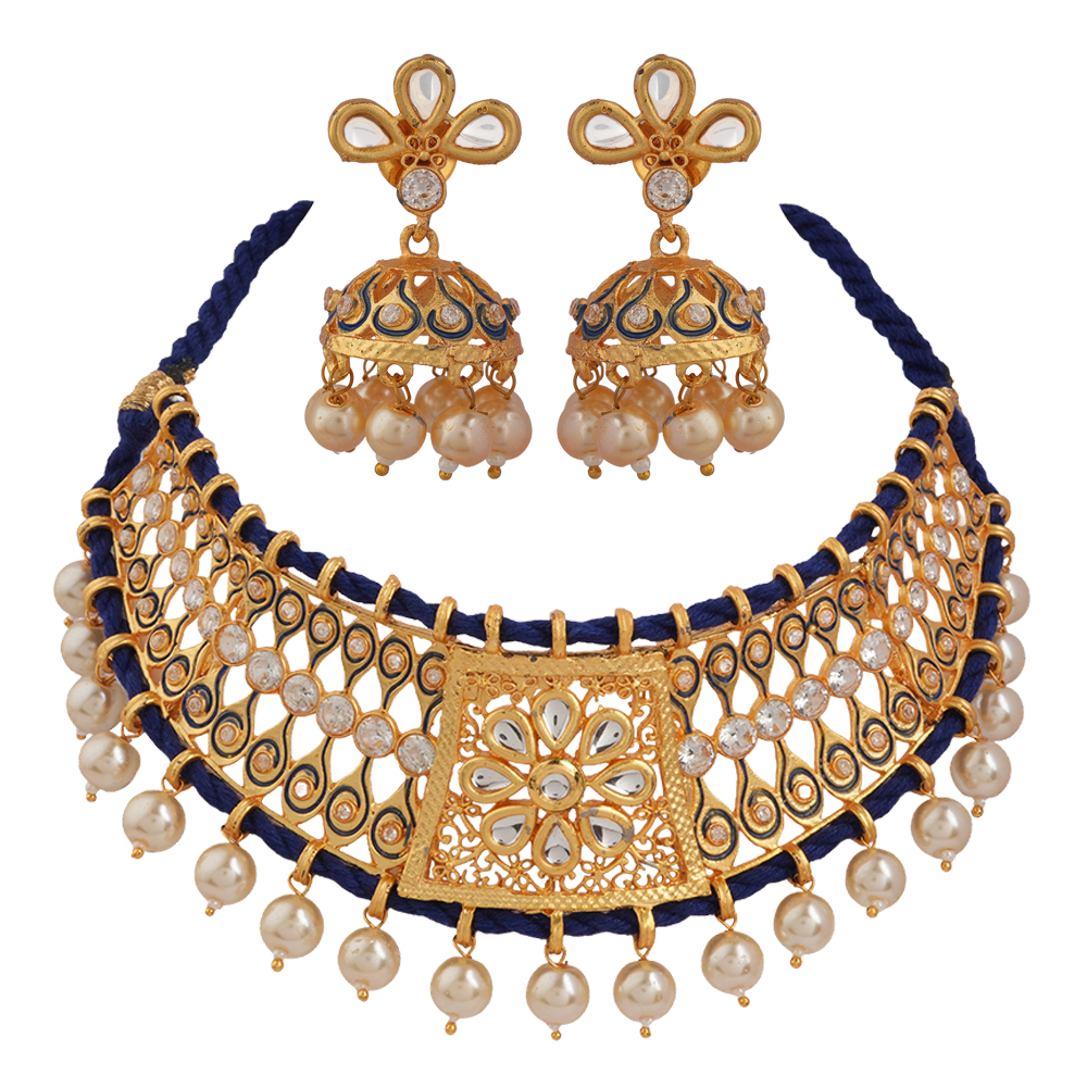 Anira- Stone studded hanging pearls Neckpiece set (White)