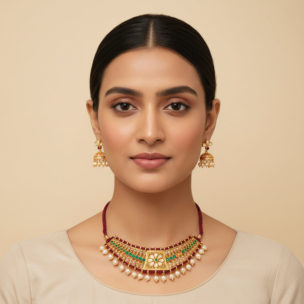 Anira- Stone studded hanging pearls Neckpiece set (Multicolore)
