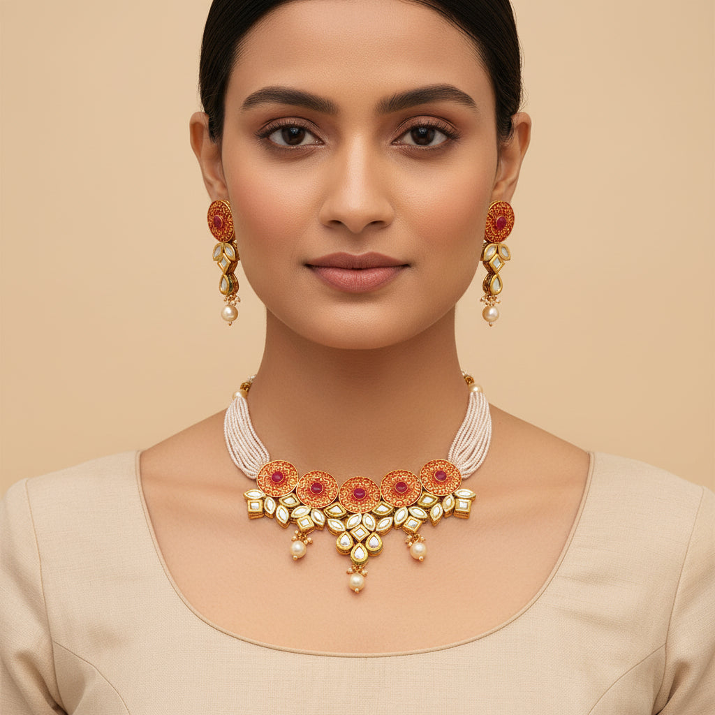 Zerina- Stone studded hanging pearls Neckpiece set