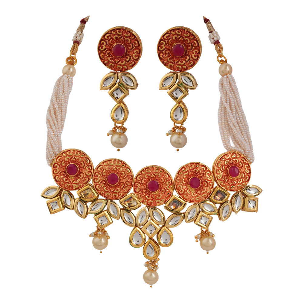 Zerina- Stone studded hanging pearls Neckpiece set