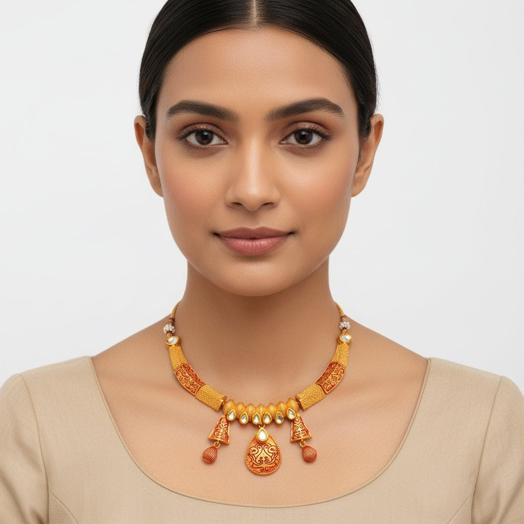 Reyshi- Stone studded hanging pearls Neckpiece(White)
