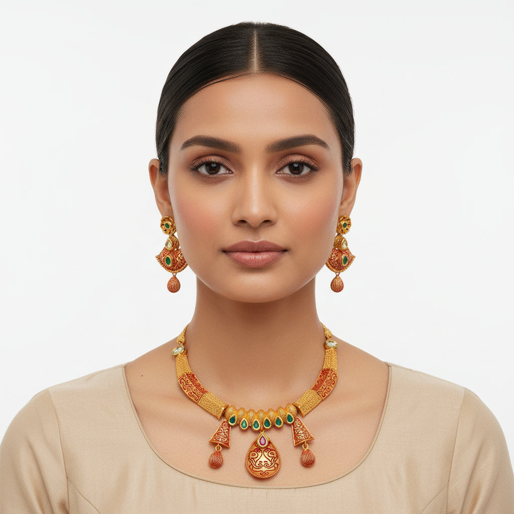 Reyshi- Stone studded hanging pearls Neckpiece(Multicolored)