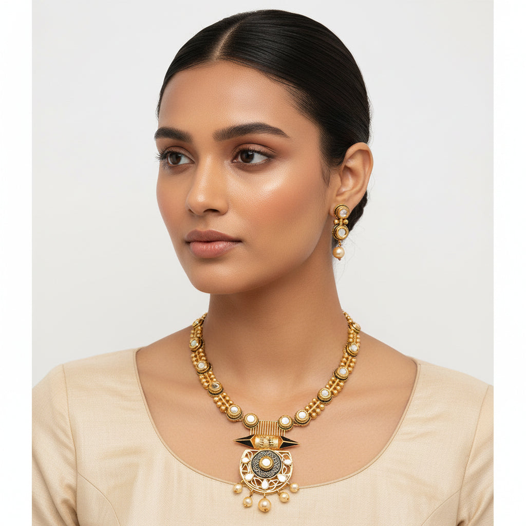 Auvira- Stone studded hanging pearls Neckpiece set