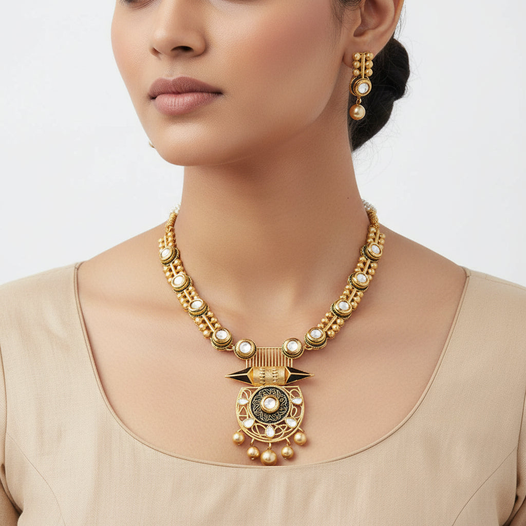 Auvira- Stone studded hanging pearls Neckpiece set