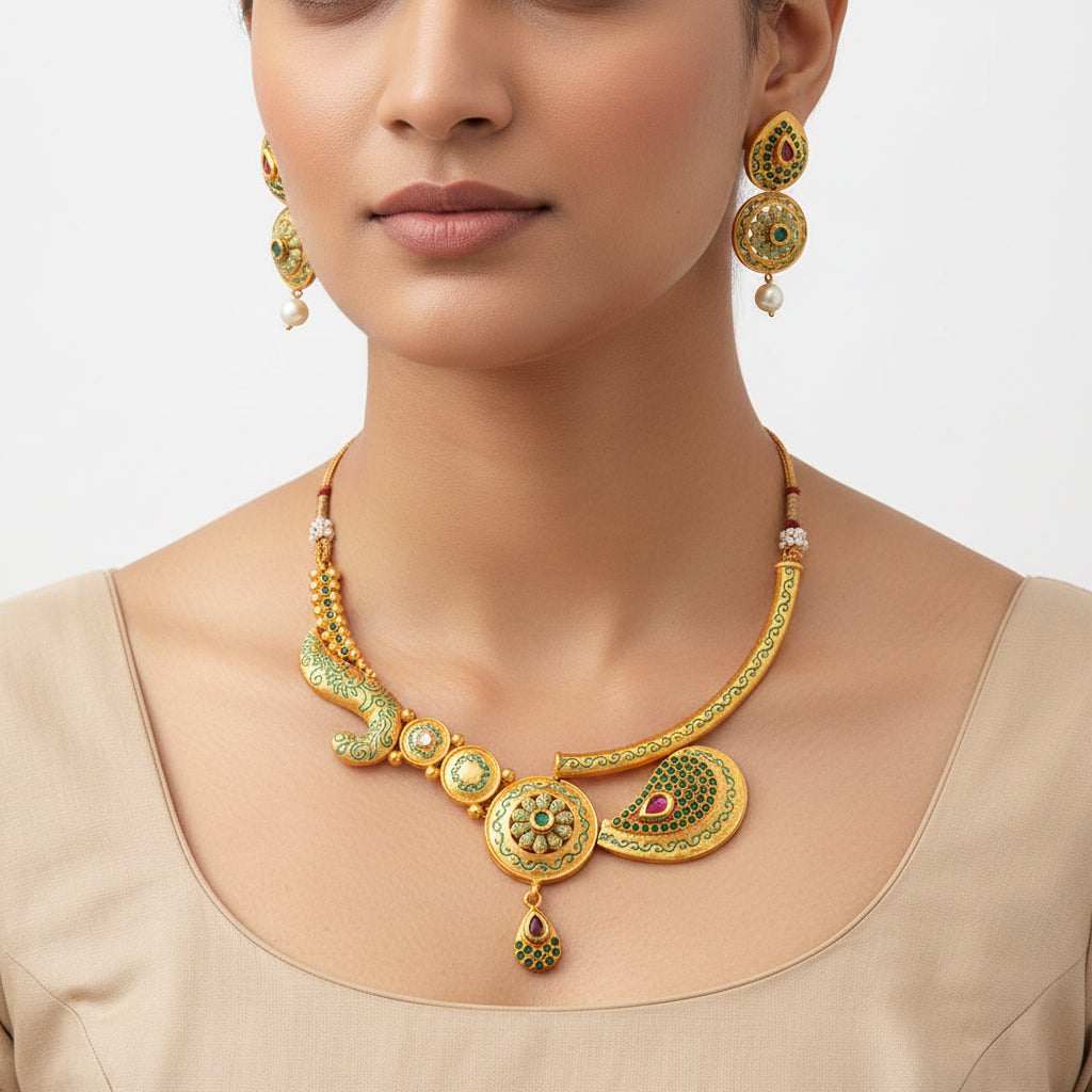 Evania- Stone studded hanging pearls Neckpiece set