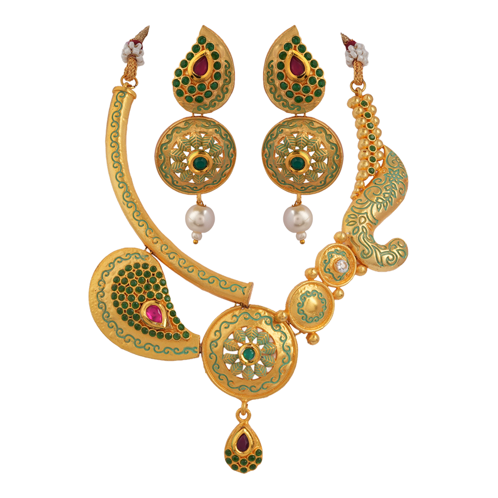 Evania- Stone studded hanging pearls Neckpiece set