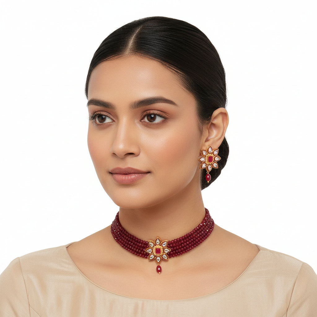 Naiyra- Stone studded hanging pearls Neckpiece set (Red)