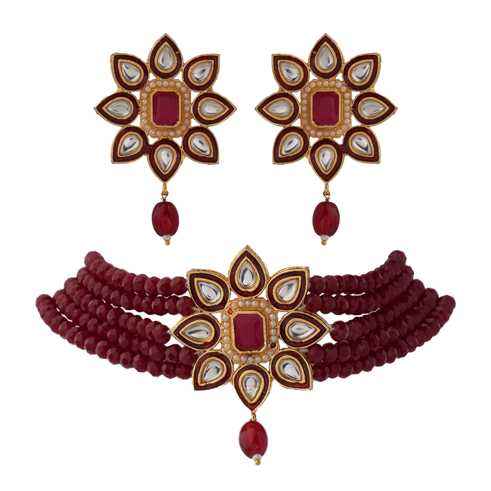 Naiyra- Stone studded hanging pearls Neckpiece set (Red)