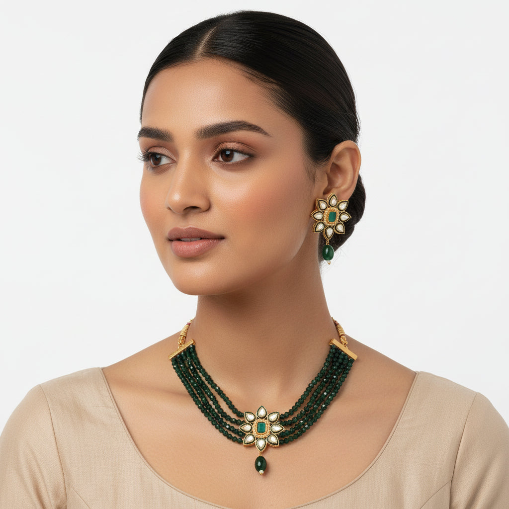 Naiyra- Stone studded hanging pearls Neckpiece set (Green)