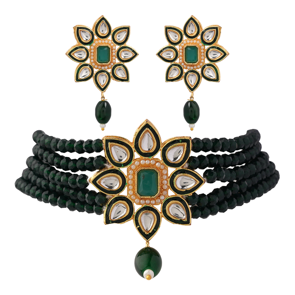Naiyra- Stone studded hanging pearls Neckpiece set (Green)