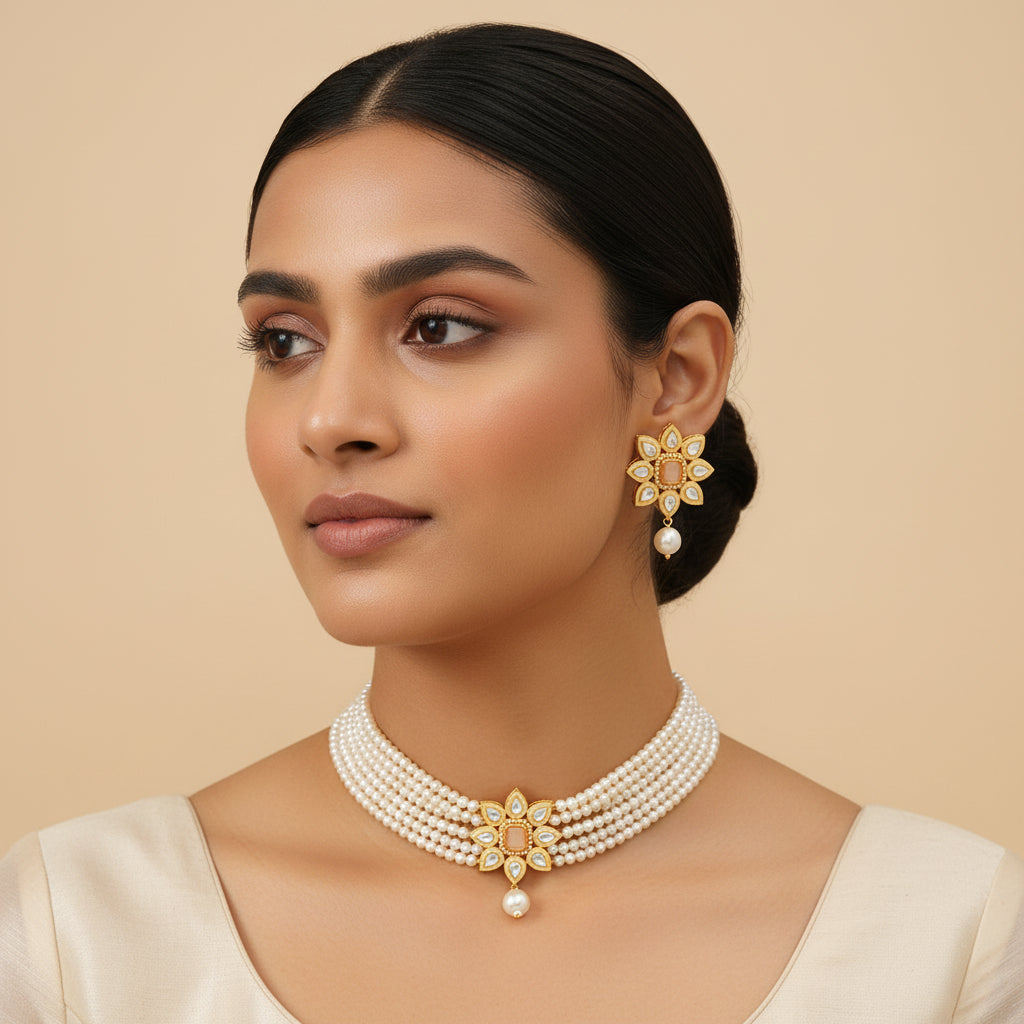 Naiyra- Stone studded hanging pearls Neckpiece set (White)