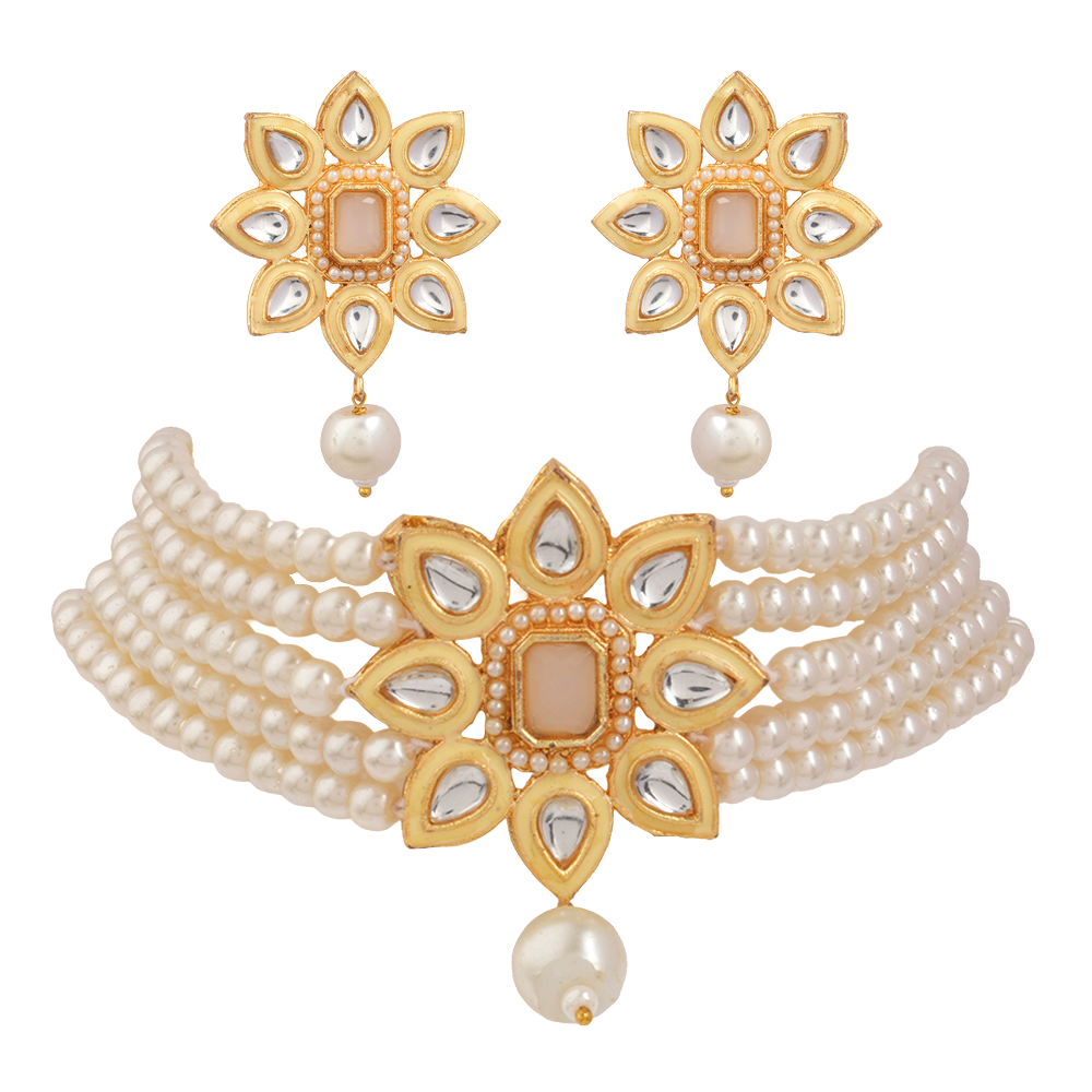 Naiyra- Stone studded hanging pearls Neckpiece set (White)