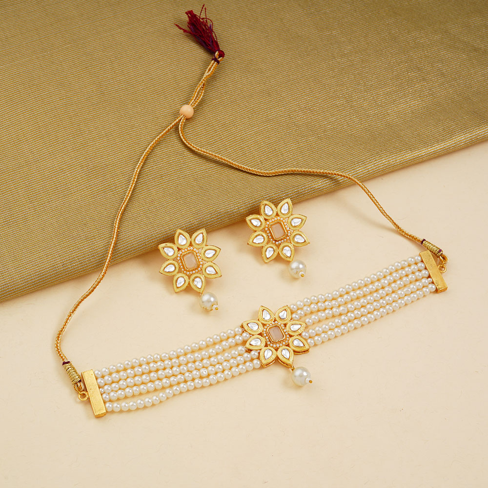 Naiyra- Stone studded hanging pearls Neckpiece set (White)