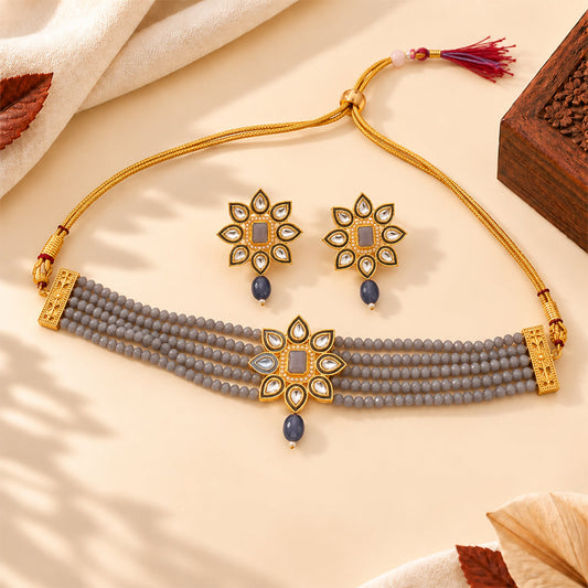 Naiyra- Stone studded hanging pearls Neckpiece set (Grey)