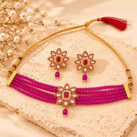 Naiyra- Stone studded hanging pearls Neckpiece set (Pink)