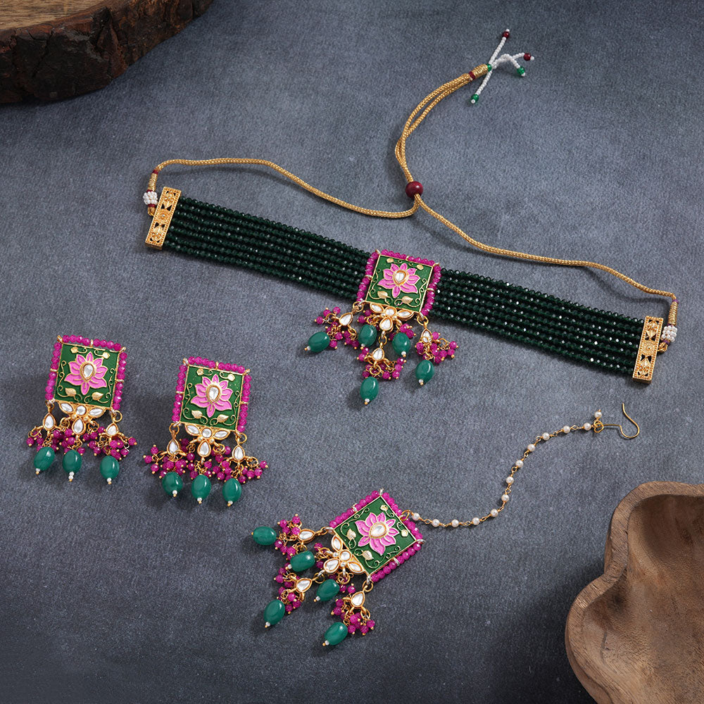 Mevaya- Stone studded hanging pearls Neckpiece set (Green)