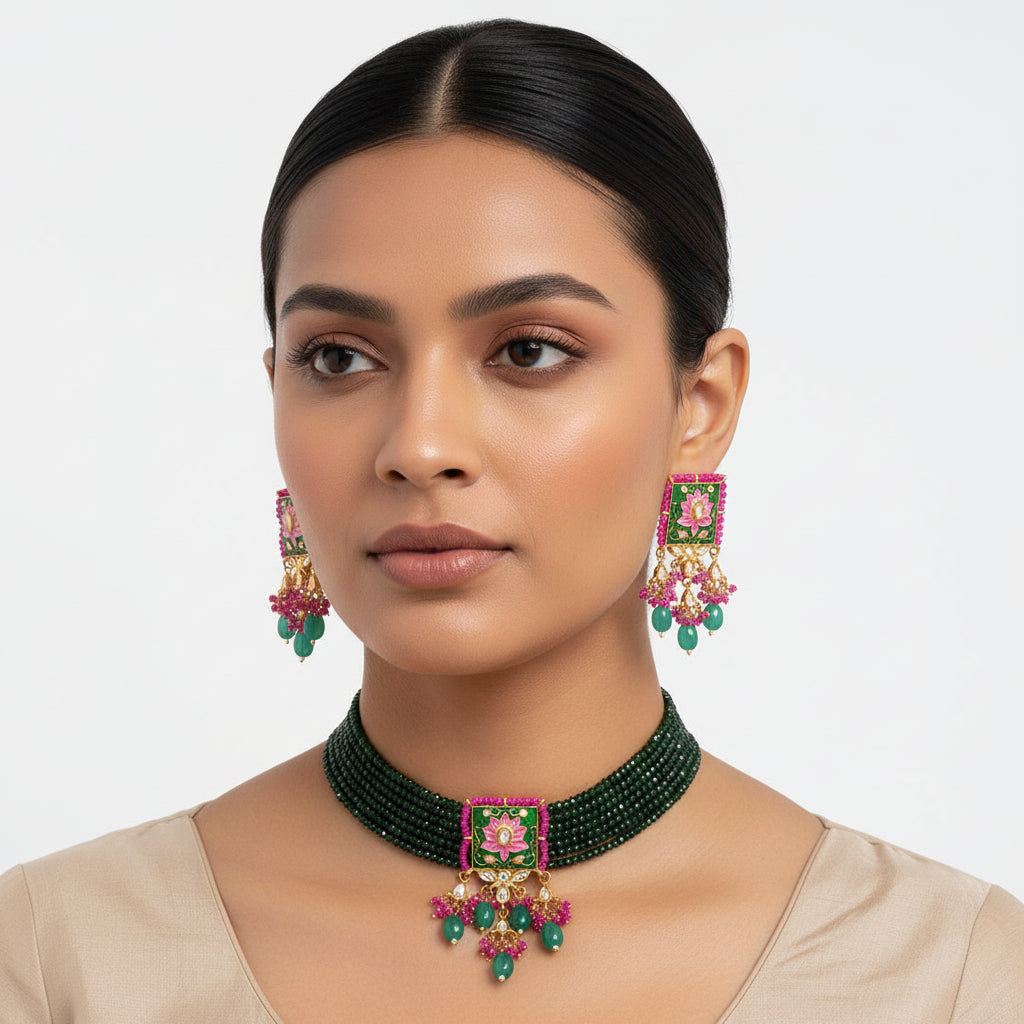Mevaya- Stone studded hanging pearls Neckpiece set (Green)