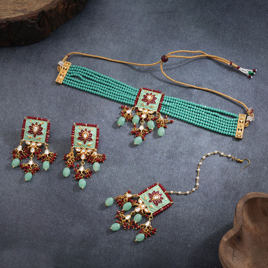 Mevaya- Stone studded hanging pearls Neckpiece set(Pista)