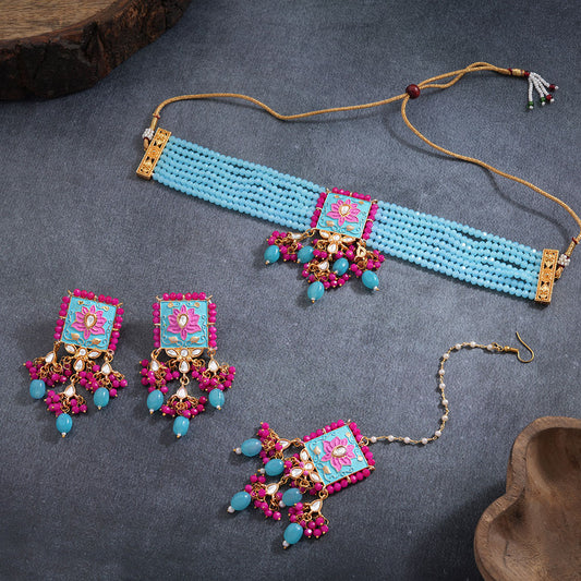 Mevaya- Stone studded hanging pearls Neckpiece set (Sky Blue)