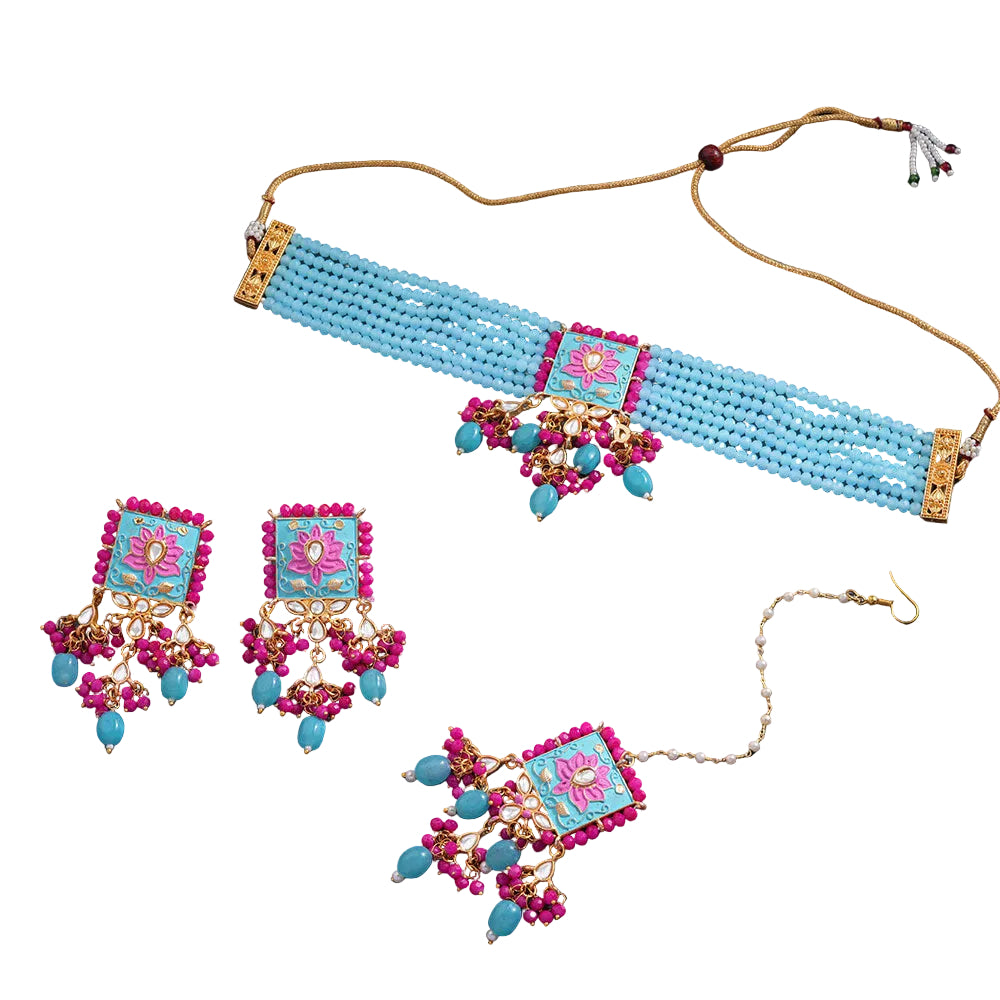 Mevaya- Stone studded hanging pearls Neckpiece set (Sky Blue)
