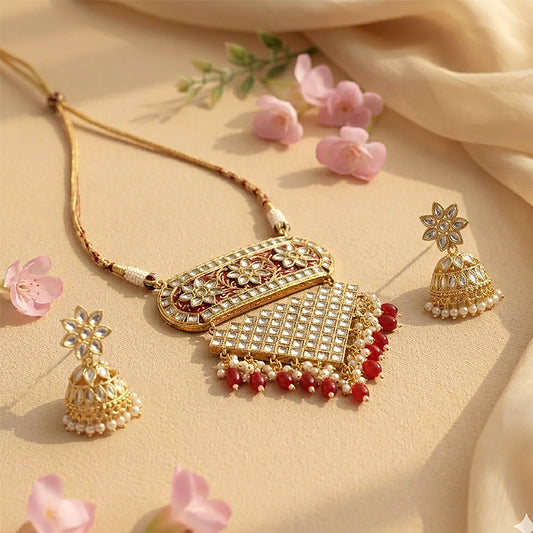 Mehera - Floral Pearl Neckpiece Set{Red}
