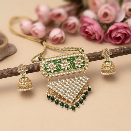 Mehera - Floral Pearl Neckpiece Set(Green)
