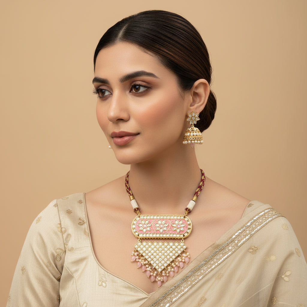 Mehera - Floral Pearl Neckpiece Set (Light Pink)