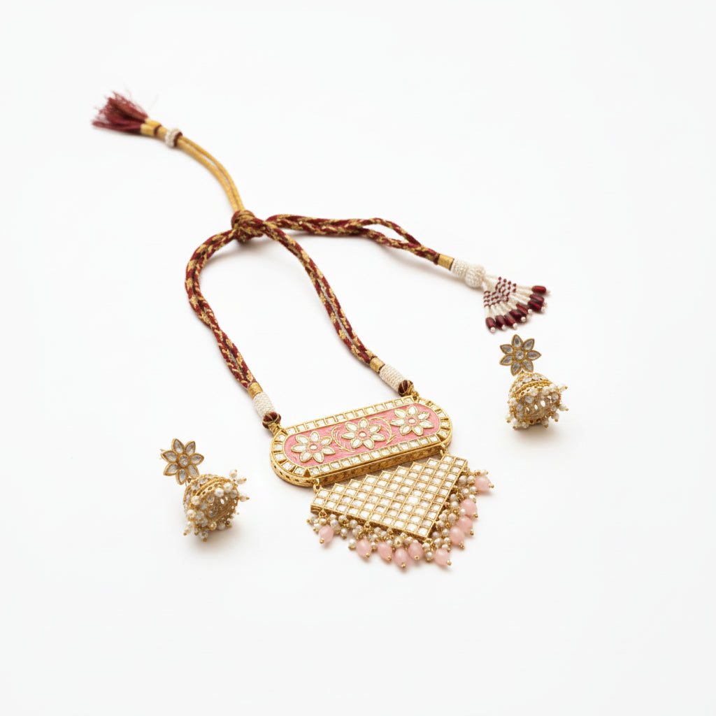Mehera - Floral Pearl Neckpiece Set (Light Pink)