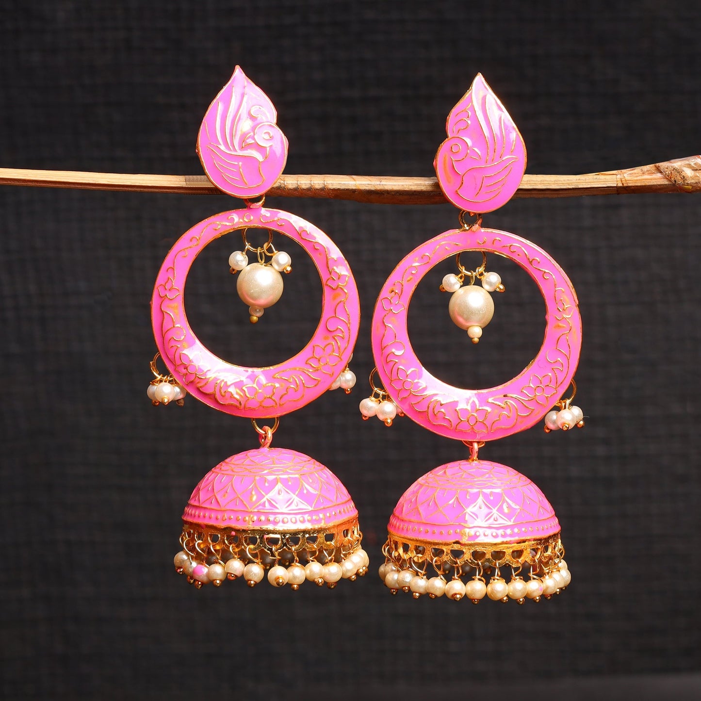 Heer- Stone Studded Hanging Pearl Jhumka Earrings (Pink)