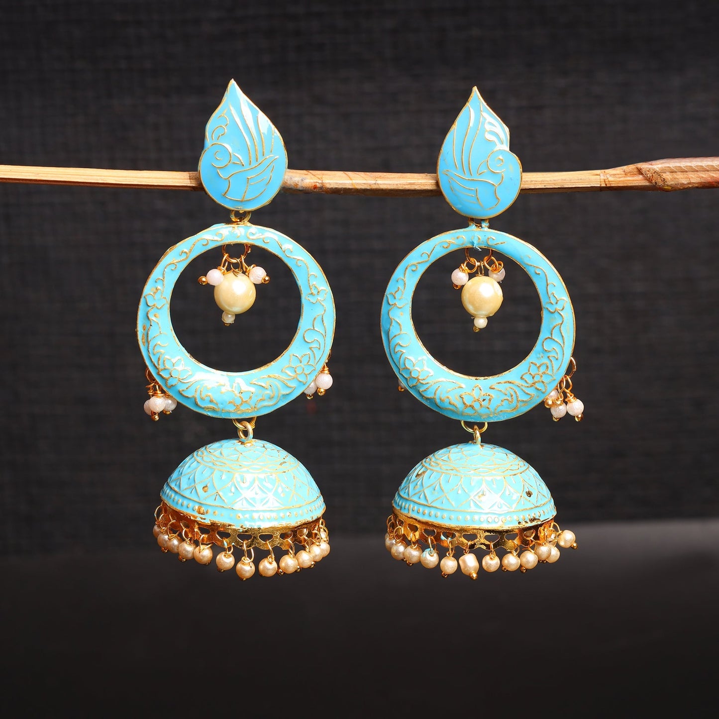 Heer- Stone Studded Hanging Pearl Jhumka Earrings (Sky Blue)