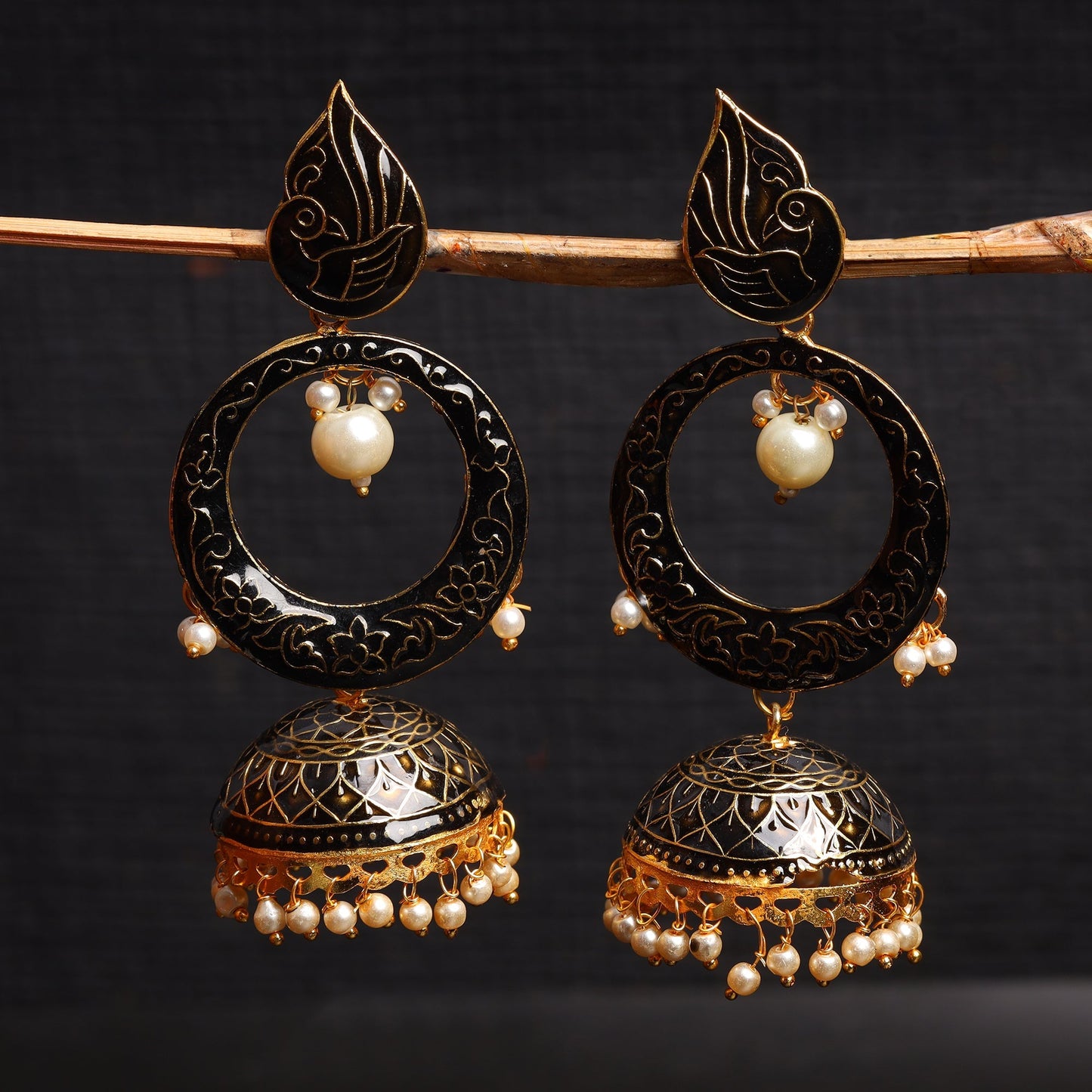 Heer- Stone Studded Hanging Pearl Jhumka Earrings (Black)