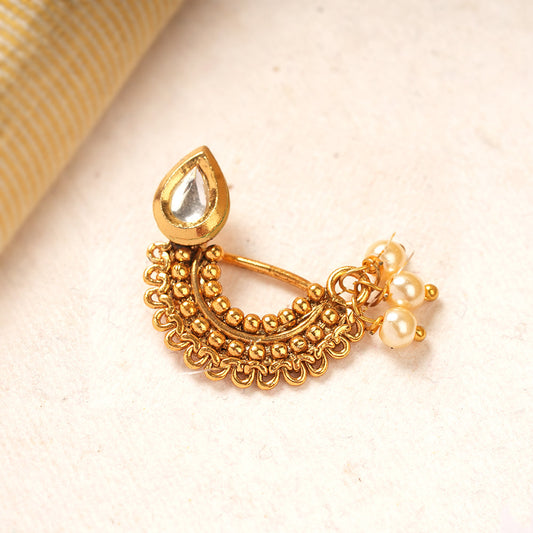 Shruti- Stone Studded Hanging Pearl Nath(White)