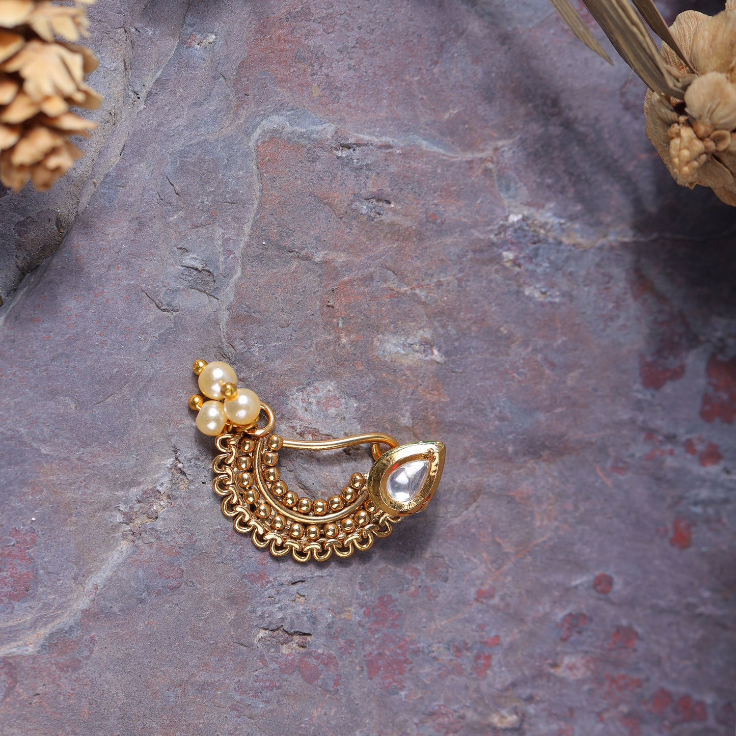 Shruti- Stone Studded Hanging Pearl Nath(White)