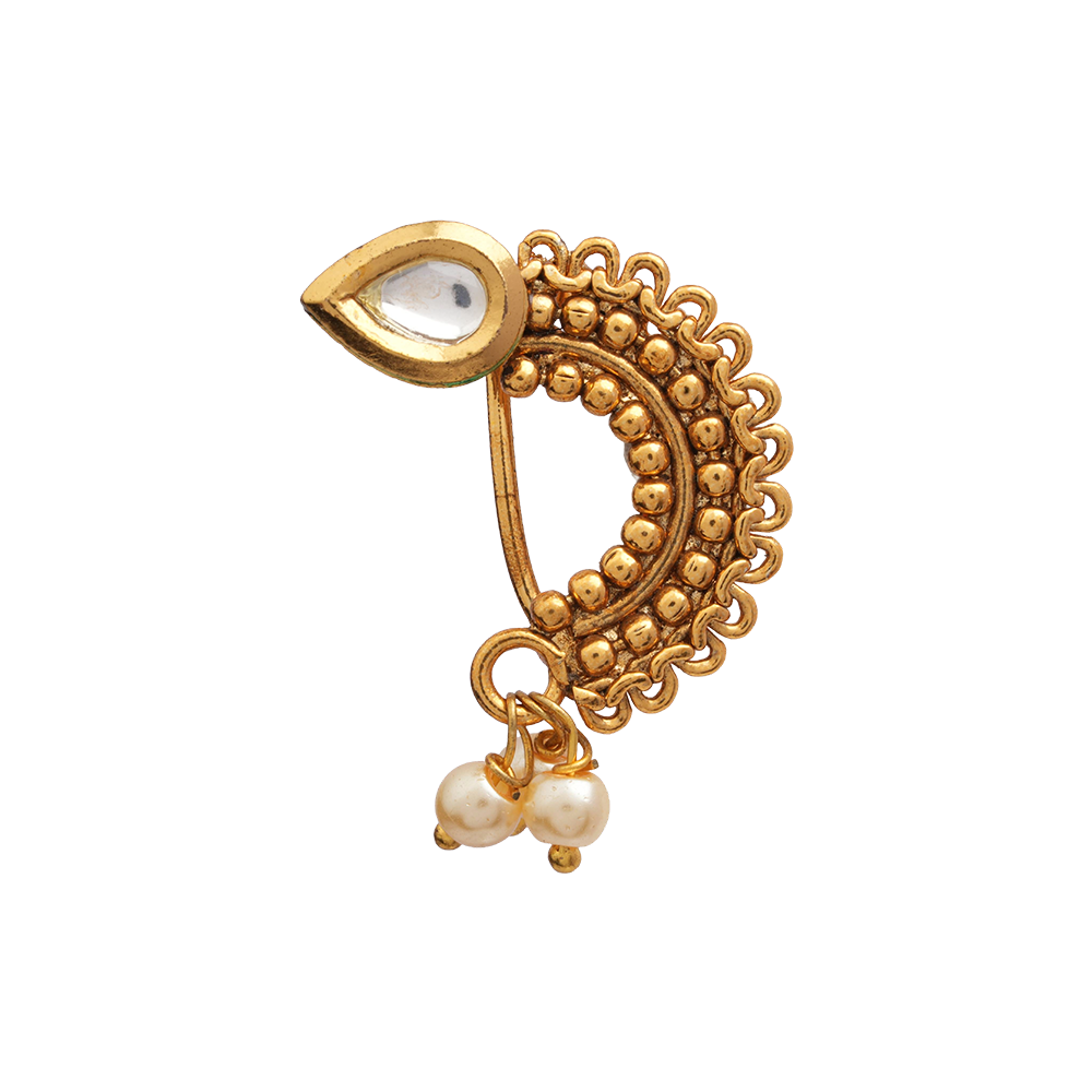 Shruti- Stone Studded Hanging Pearl Nath(White)