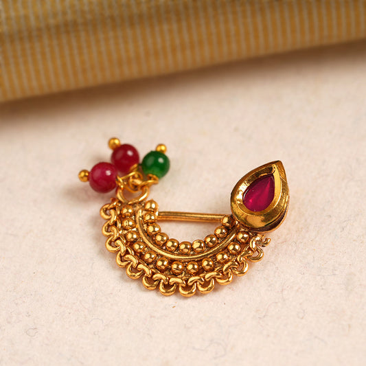 Shruti- Stone Studded Hanging Pearl Nath(Multicolor: Green and red)