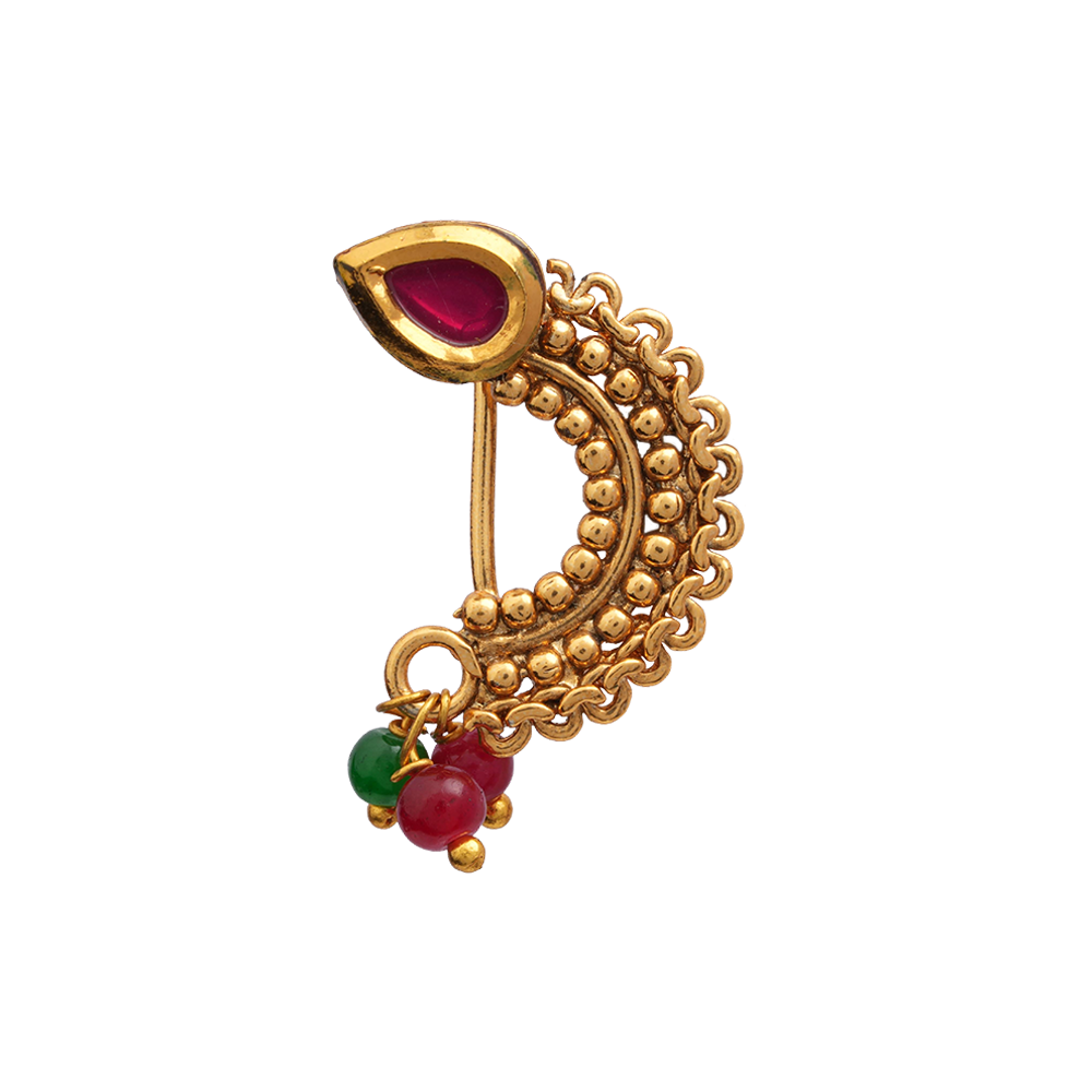 Shruti- Stone Studded Hanging Pearl Nath(Multicolor: Green and red)