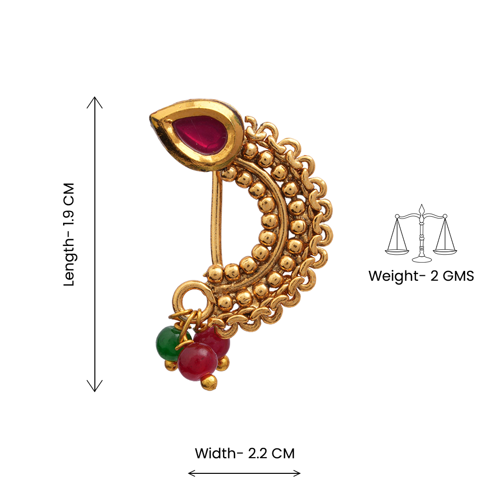 Shruti- Stone Studded Hanging Pearl Nath(Multicolor: Green and red)