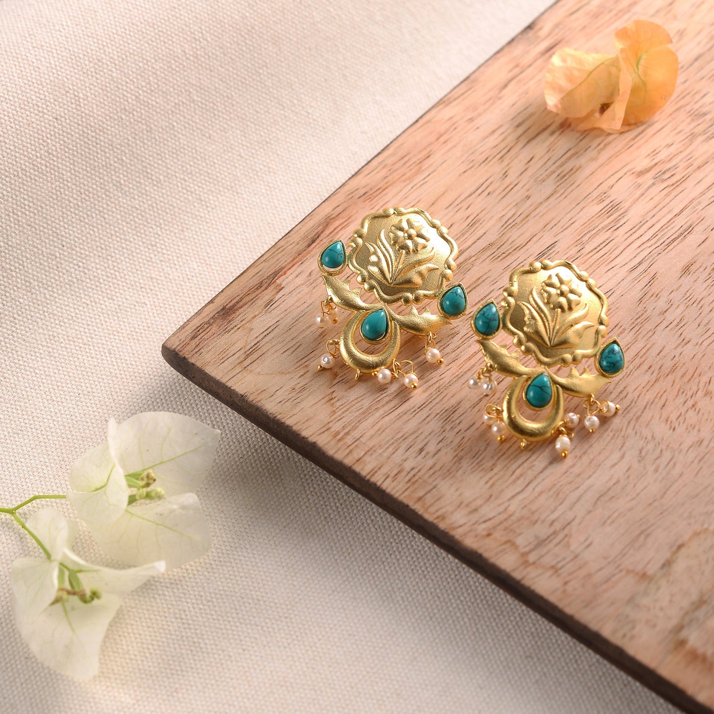Ritika- Stone Studded Hanging Pearls Dangler Earrings(Dark Green)