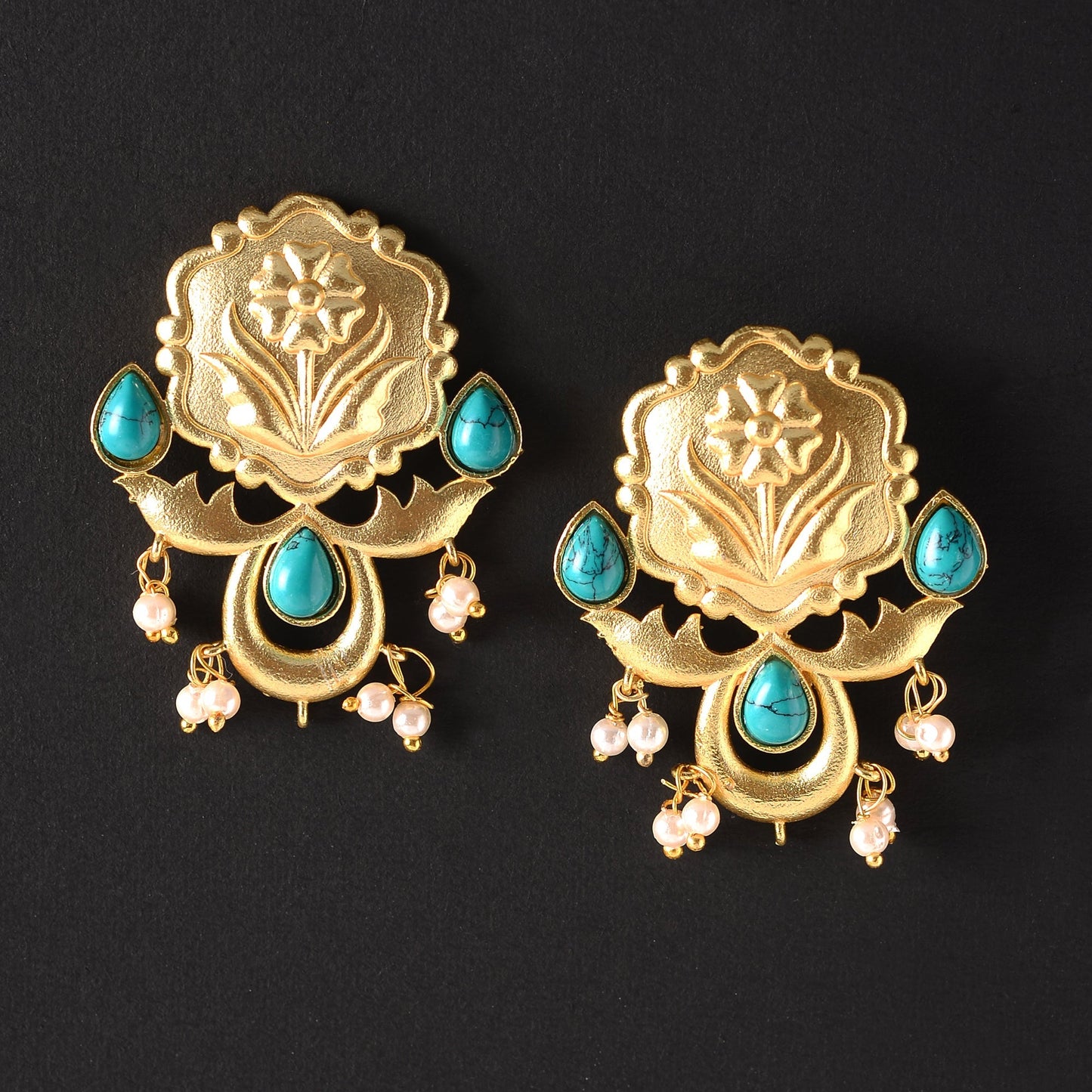 Ritika- Stone Studded Hanging Pearls Dangler Earrings(Dark Green)