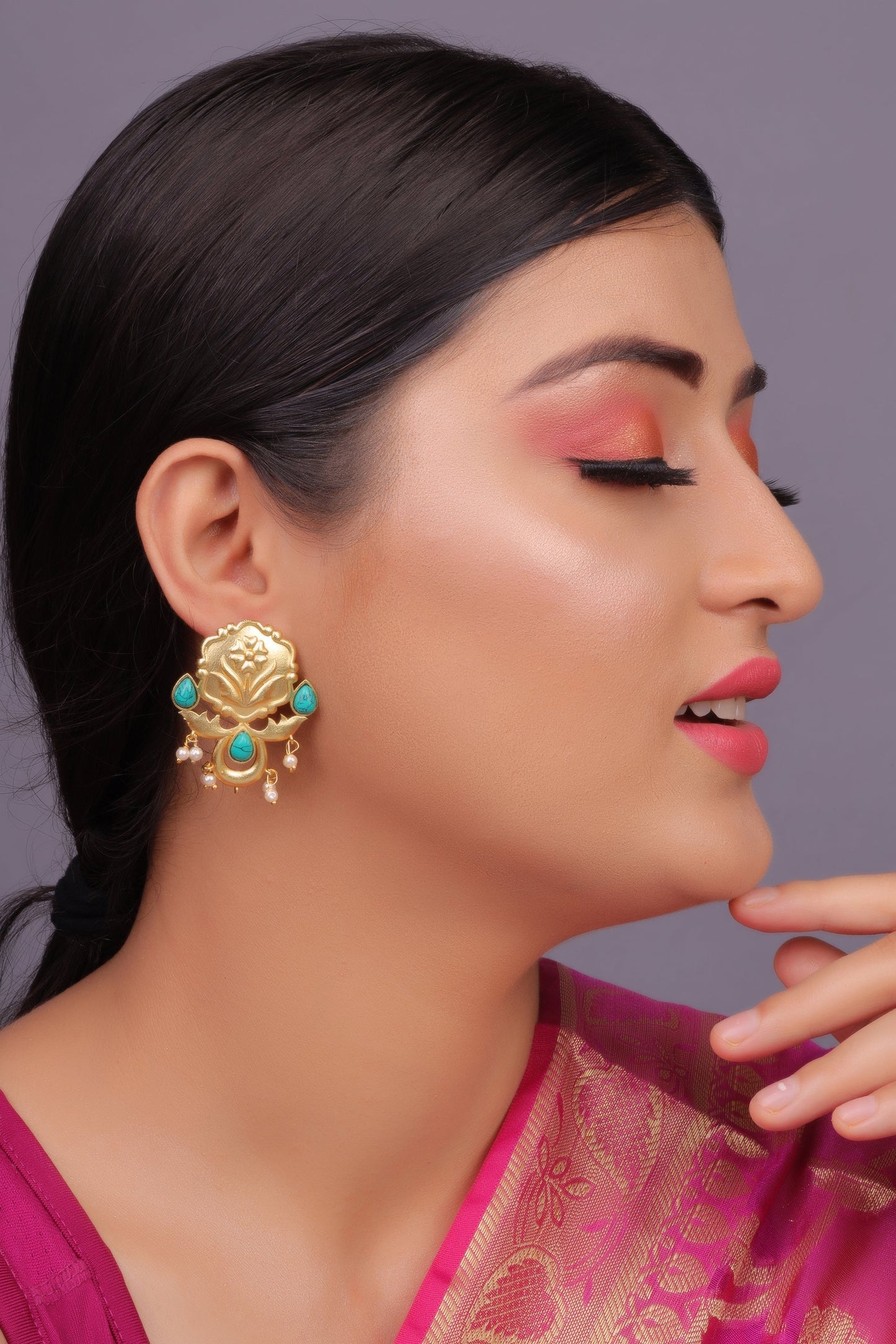 Ritika- Stone Studded Hanging Pearls Dangler Earrings(Dark Green)