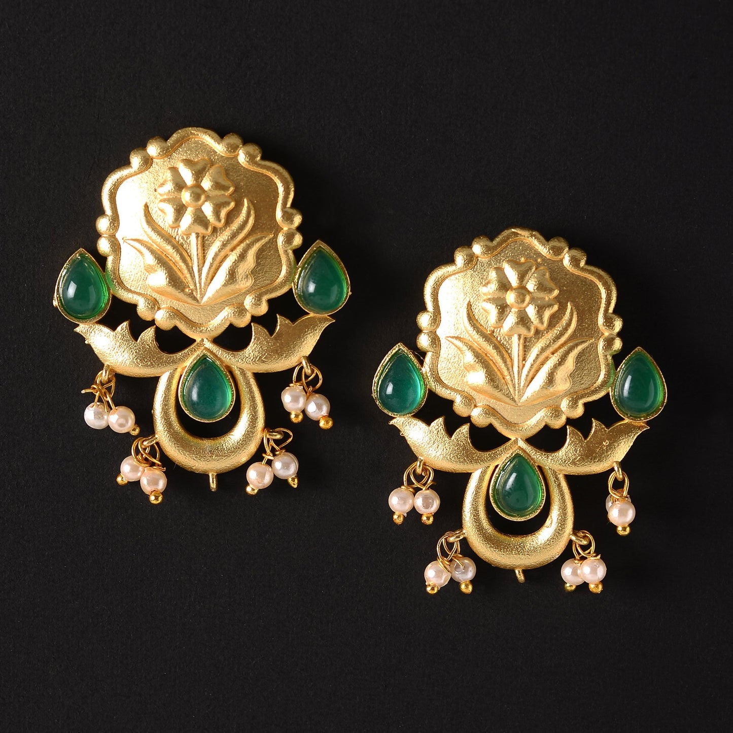 Ritika- Stone Studded Hanging Pearls Dangler Earrings(Green)