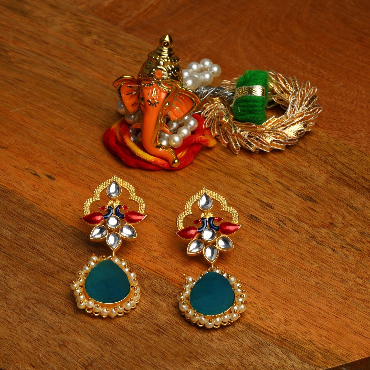Anvi- Stone Studded Pearl Framed Dangler Earring(Blue)