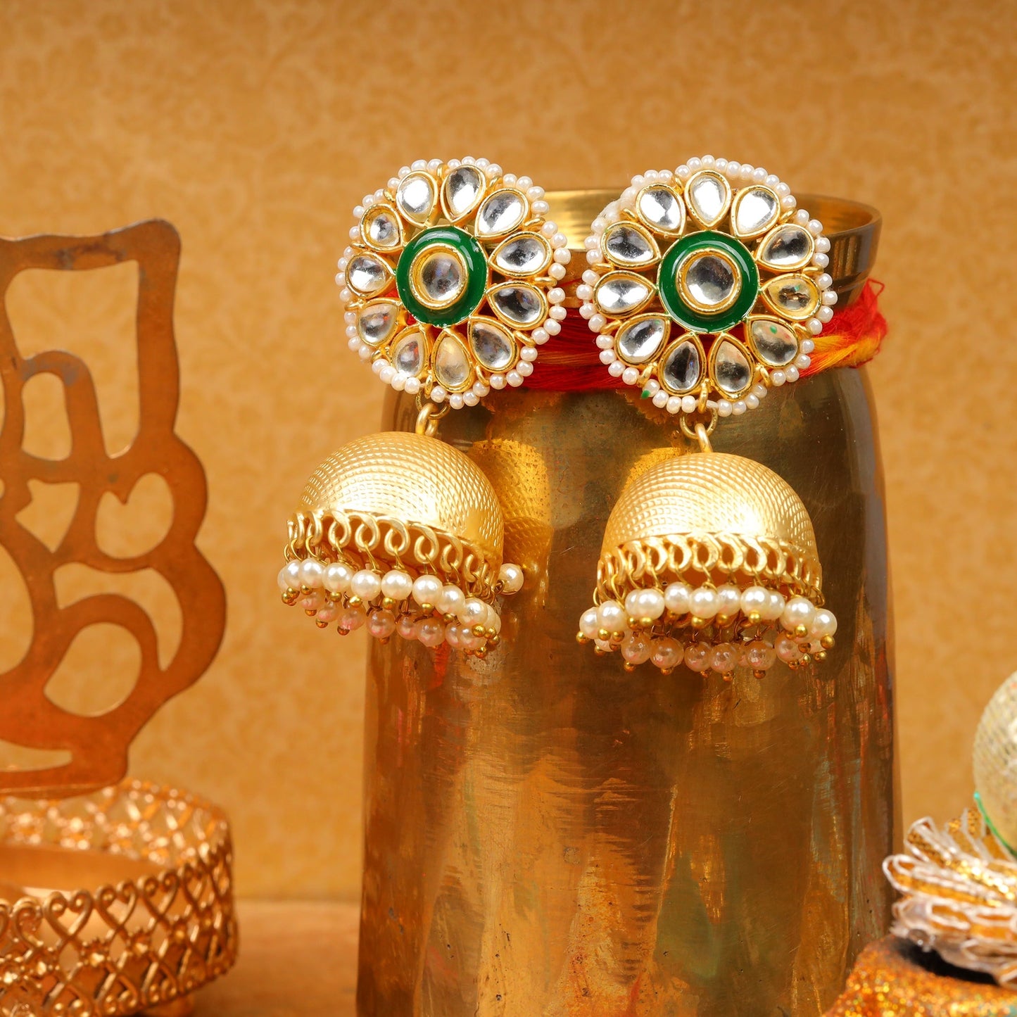 Arisha- Stone Studded Pearl Framed Jhumka Earrings