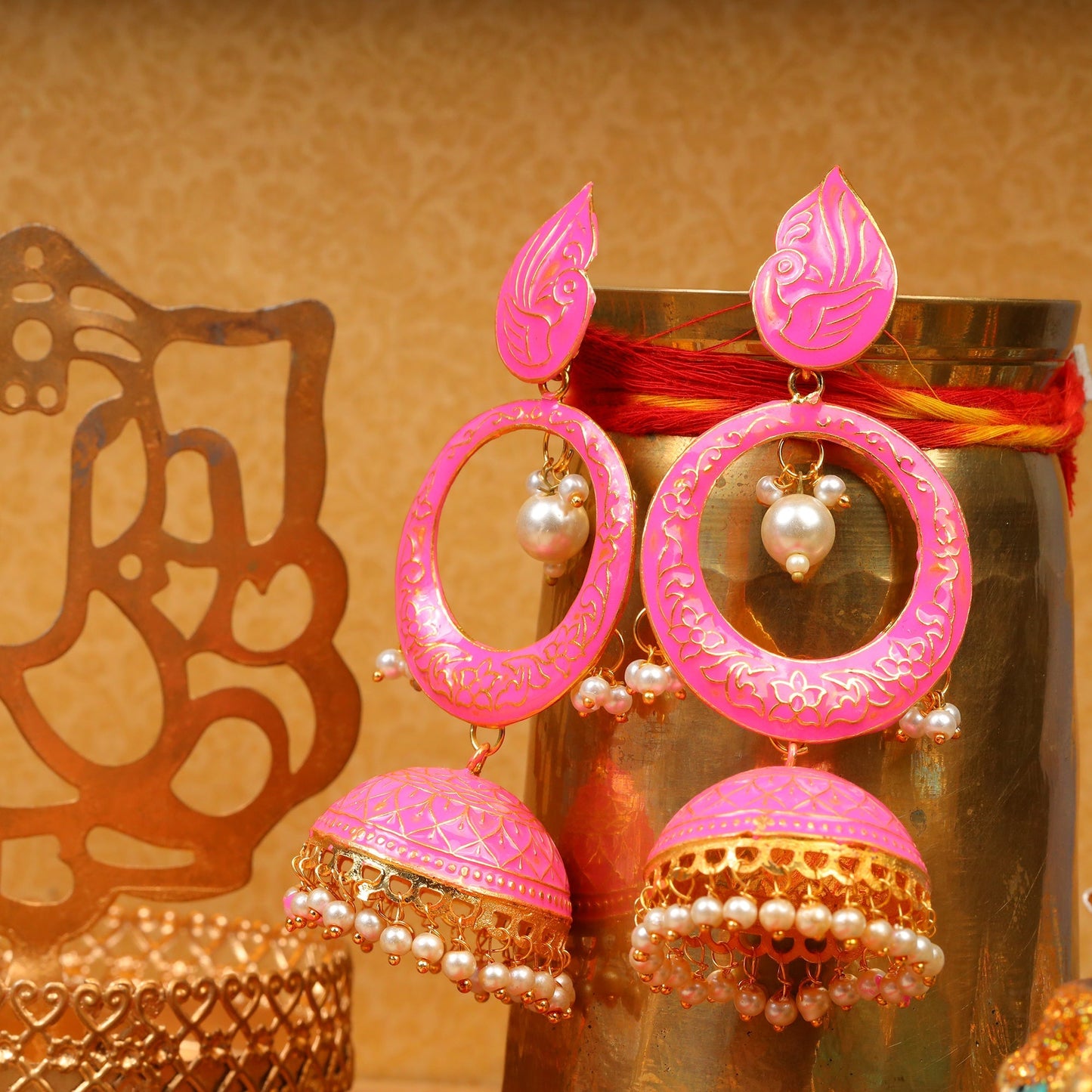 Heer- Stone Studded Hanging Pearl Jhumka Earrings (Pink)