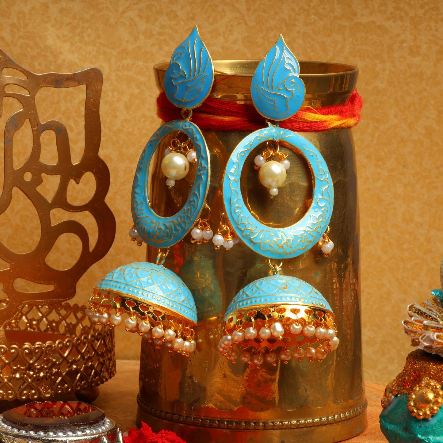 Heer- Stone Studded Hanging Pearl Jhumka Earrings (Sky Blue)