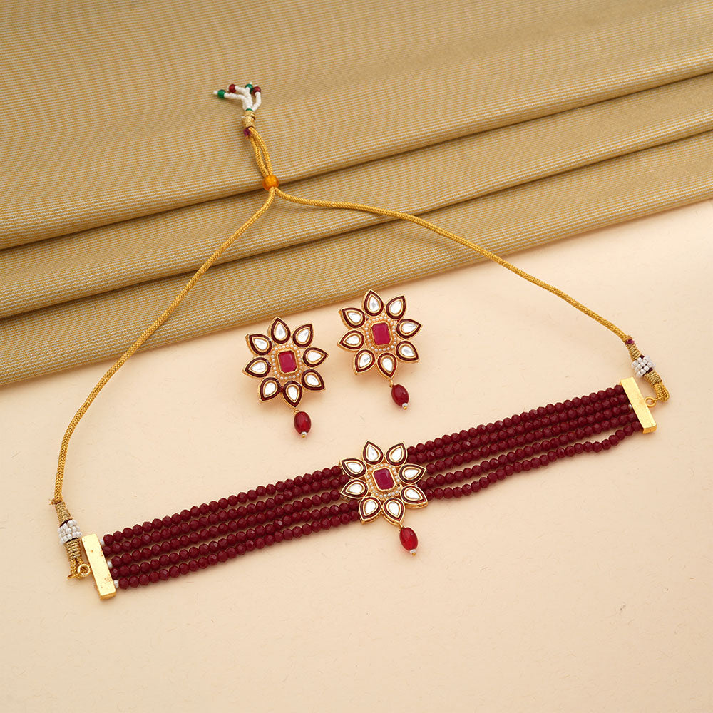 Naiyra- Stone studded hanging pearls Neckpiece set (Red)
