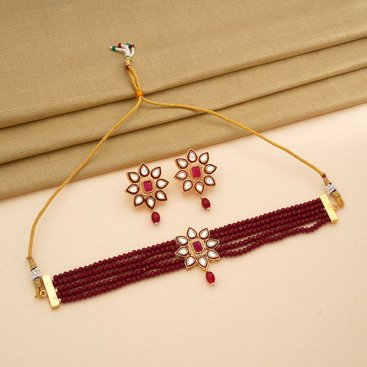 Naiyra- Stone studded hanging pearls Neckpiece set (Red)